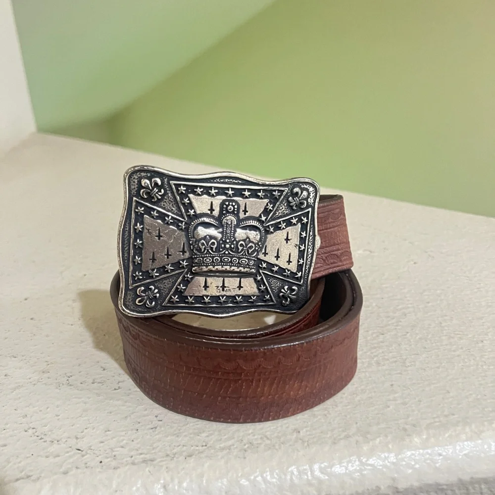 VNTG Genuine Brown Leather Belt Silver Buckle‎ Fit For a King Crown western